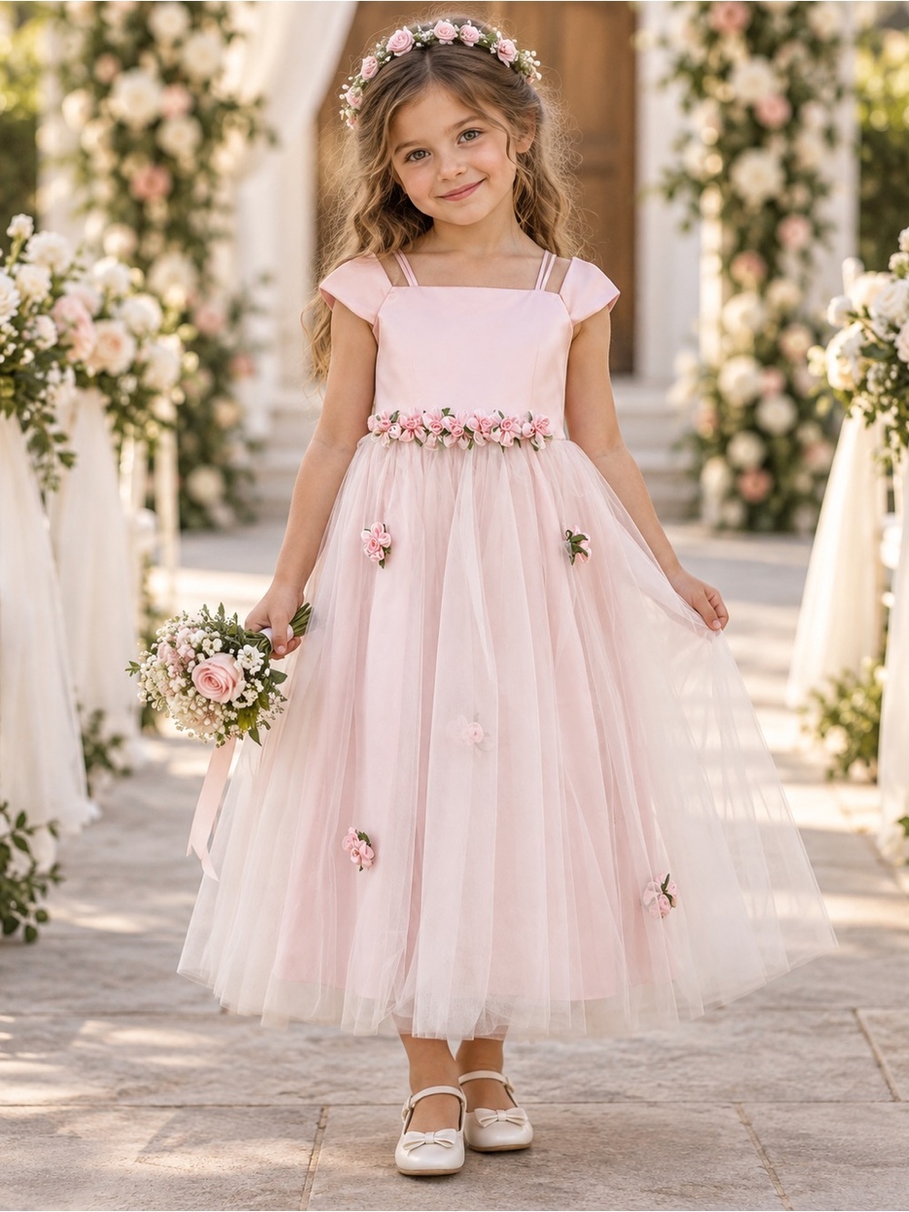 Vintage Pink Flower-Appliqué Tulle Flower Girl Dress